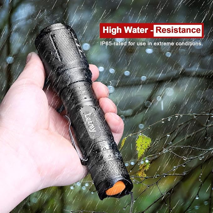 LETMY LED Flashlight High Lumens 2 Pack - 5000 Lumens Super Bright Tactical Flashlights - Zoomable, 5 Modes Flash Light, Waterproof Powerful Flashlights for Hurricane Home（Battery Powered-Black）