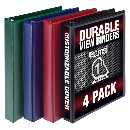 Samsill Durable 1 inch 3 Ring Binder, Made in USA, D Ring Binder, Customizable Clear View Cover, Basic Assortment, 4 Pack
