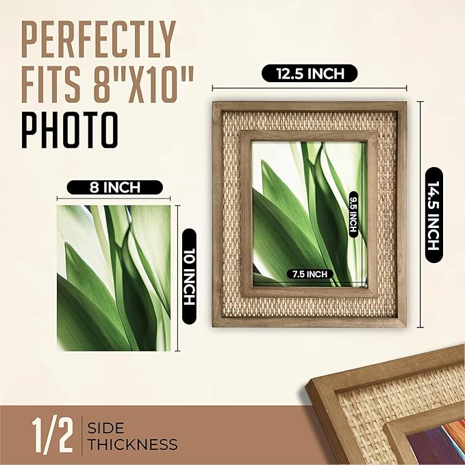 Rattan Picture Frame for 8x10 Photos – Natural Fir Wood with Woven Rattan Mat, Boho Coastal Decorative Frame, Vertical/Horizontal Display, Tabletop or Wall Mount (12.5" x 14.5" Outer Size)