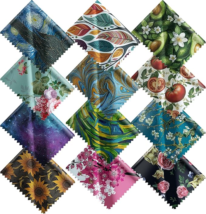 Pattern Printed Soft Microfiber Cleaning Cloths 12 Pieces for Eyeglasses (Pattern Randomly Sent), Camera Kens, Cell Phones, CD, DVD, Computers, Tablets, Laptops, Telescope, LCD Screens