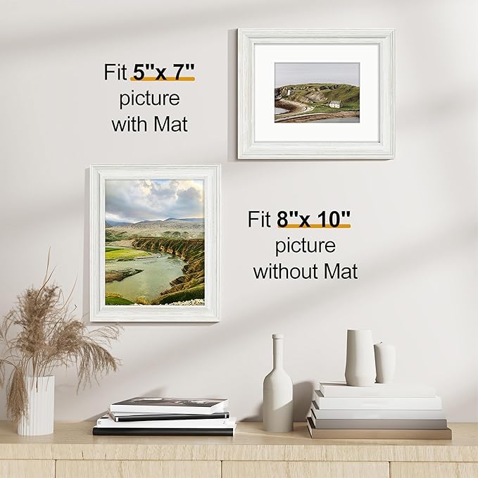 Vittanly 8x10 Picture Frames Set of 2, Ornate Vintage Photo Frame for Wall or Tabletop, Display 5x7 Pictures with Mat or 8x10 without Mat, Rustic White