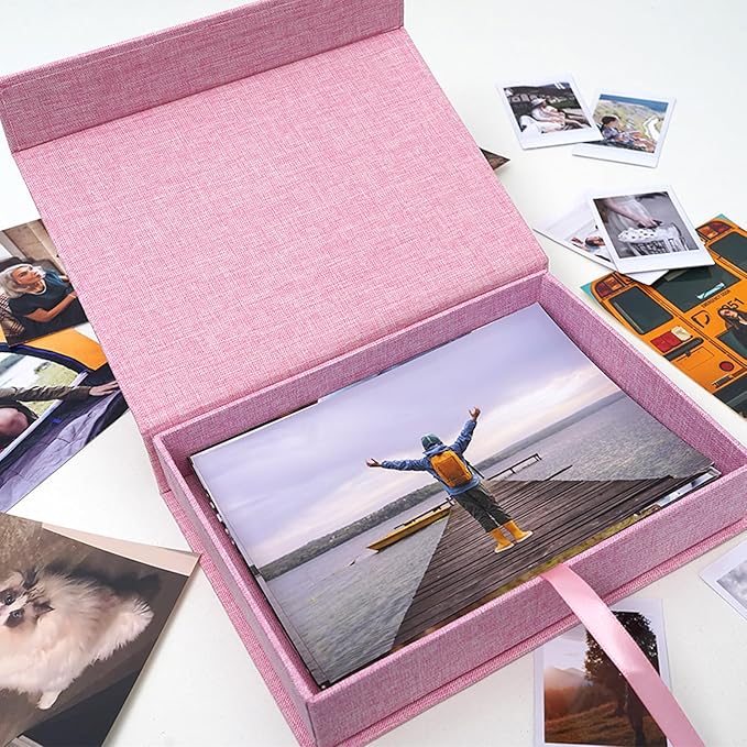 Cherrich 5x7 Photo Storage Box, Premium Linen Memory Box for Photos, Pictures, Certificates, Scrapbooking Supplies & Jewelry - Portable, Stackable Organizer for Home, Crafters & Collectors
