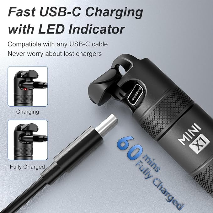 EDC Mini Flashlights High Lumens LED Pocket Keychain Magnetic Activation Flashlight Type-C Rechargeable Small Flashlight Long Battery Life & Long Illumination Distance -LT090 Mini X1 (1, Black)