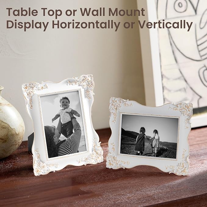 Axeman Vintage Picture Frames 4x6 | Antique 4x6 Picture Frame with Real Glass | Ornate Picture Frames 4 x 6 for Wall & Tabletop Display | Retro 4 x 6 Photo Frame White Gold - White