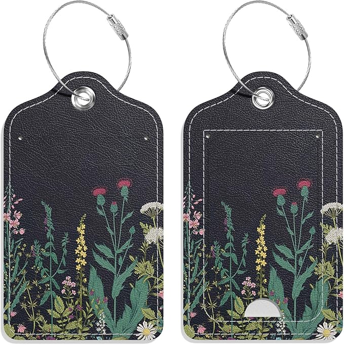 Luggage Tags for Suitcase, 2 Pack PU Leather Travel Cruise Luggage Tag with Privacy Flap, Name ID Label and Metal Loop for Women Men Suitcase Baggage Bag Backpack Instrument, Midnight Flowers