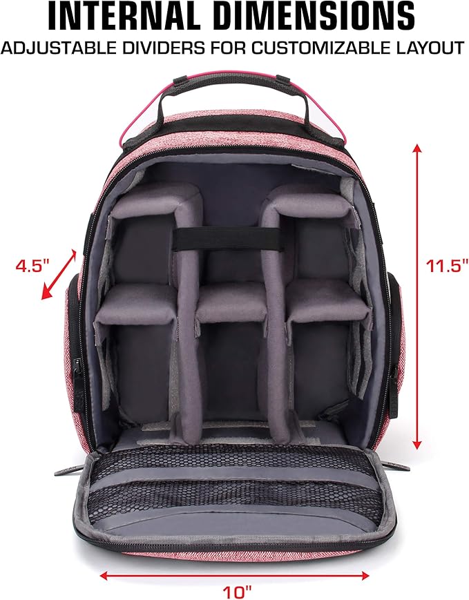 USA Gear Portable Camera Backpack for DSLR with Customizable Accessory Dividers, Weather Resistant Bottom and Comfortable Back Support - Compatible with Canon, Nikon, Sony, Fujifilm, and More (Red)