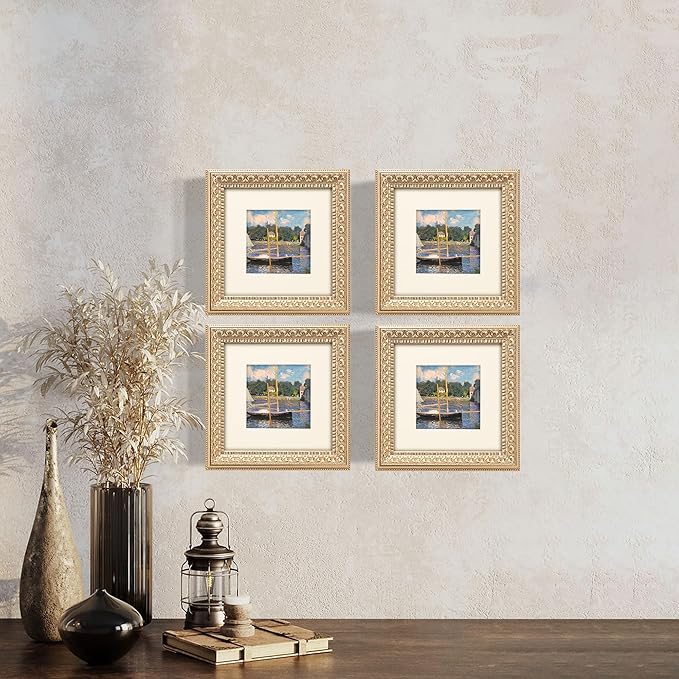 8x8 in Antique Silver Ornate Vintage Wood Picture Frame, Matted for 5x5 Photos, Real Glass Protection, Tabletop or Wall Mounting Display