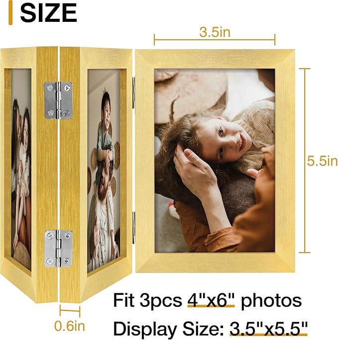 decorUhome Triple 4x6 Picture Frame Vertical, Engineered Wood Trifold Photo Frame with Plexiglass for Tabletop Display, 4x6, Gold