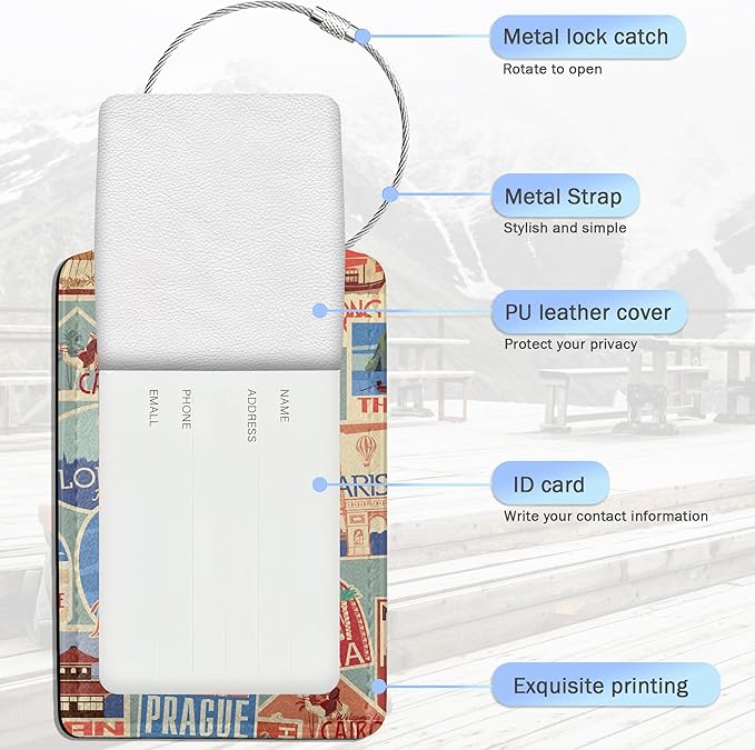 3 Pack Luggage Tags,Retro Travel Stickers PU Leather Luggage Tags for Suitcase,Name ID Labels with Privacy Cover Suitcases and Metal Loop for Travel Bag Suitcase