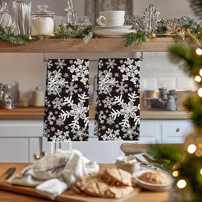Artoid Mode Black Snowflakes Winter Kitchen Towels, 18x26 Inch Quick Dry Microfiber Cloth Dish Towels for Kitchen Drying Set of 2