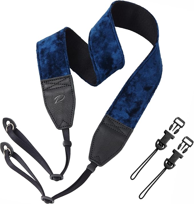 Padwa Lifestyle Dark Navy Blue Velvet Camera Strap - 2" Double Layer Full Grain Cowhide Leather Head Camera Straps for Photographers,Unique Soft Velvet Fabric with Quick Release fits all Cameras