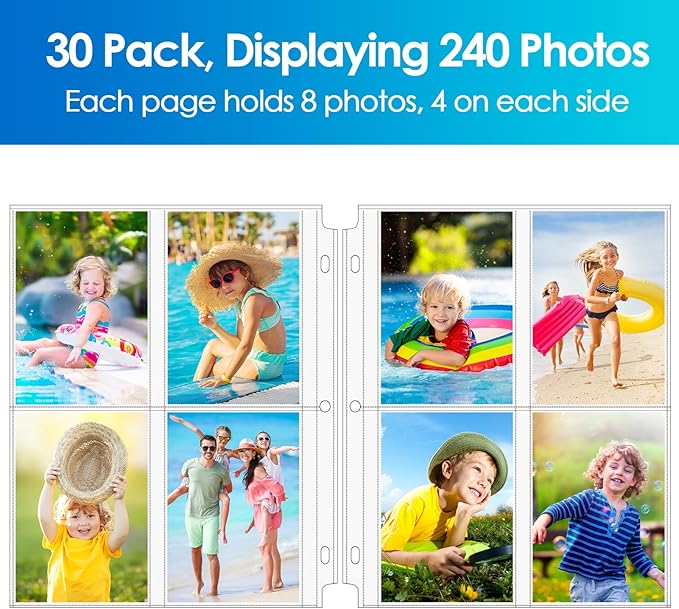 MaxGear 30 Pack 3.5x5 Photo Sleeves for 3 Ring Binder (240 Pictures), Heavy-Duty Archival Page Protectors, 4-Pocket Clear Photo Album Refill Pages, Plastic Seed Binder Pages 8.5x11, Acid-Free
