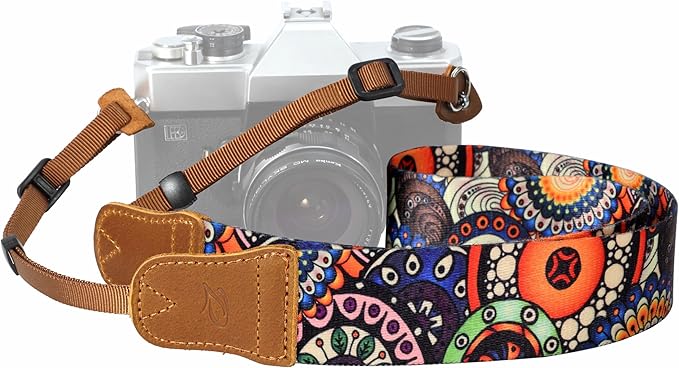 Padwa Lifestyle Camera Strap - 1.5" Soft Nylon Print Crazy Horse Cowhide Head Camera Straps for Photographers and All Cameras,Cute Adjustable Vintage Woven Strap for Adults & Kids(Bohemian Bloom)