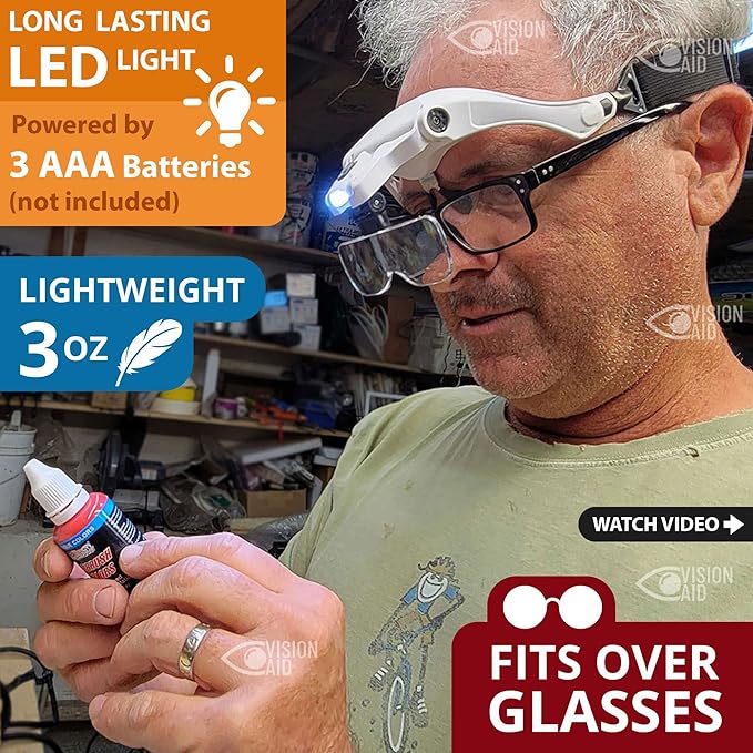 Vision Aid Magnifying Glasses with Light for Close Work, Illuminated Hands Free Headband Magnifier Goggles with Storage Case for Hobby Painting Reading Coin Watch Bead Jewelry…