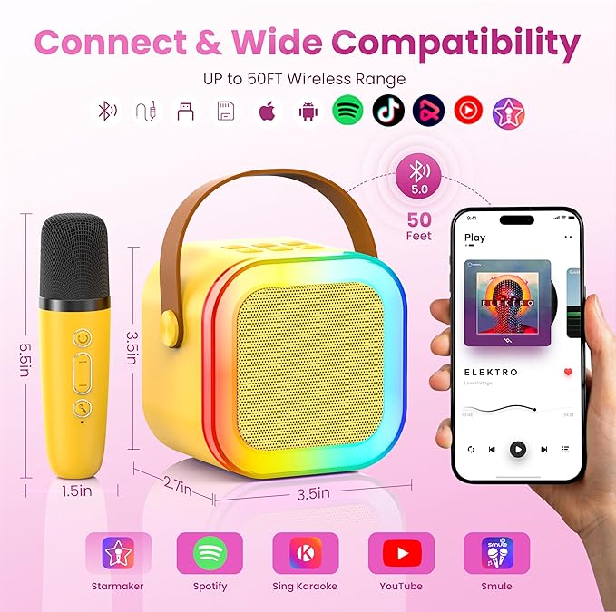 Karaoke Machine for Kids Adults, Portable Bluetooth Speaker with 2 Wireless Karaoke Microphones, 2026 TOP Birthday for Girls 3,4,5,6,8+Year Old Toddler Toys Karaoke Player(Yellow)