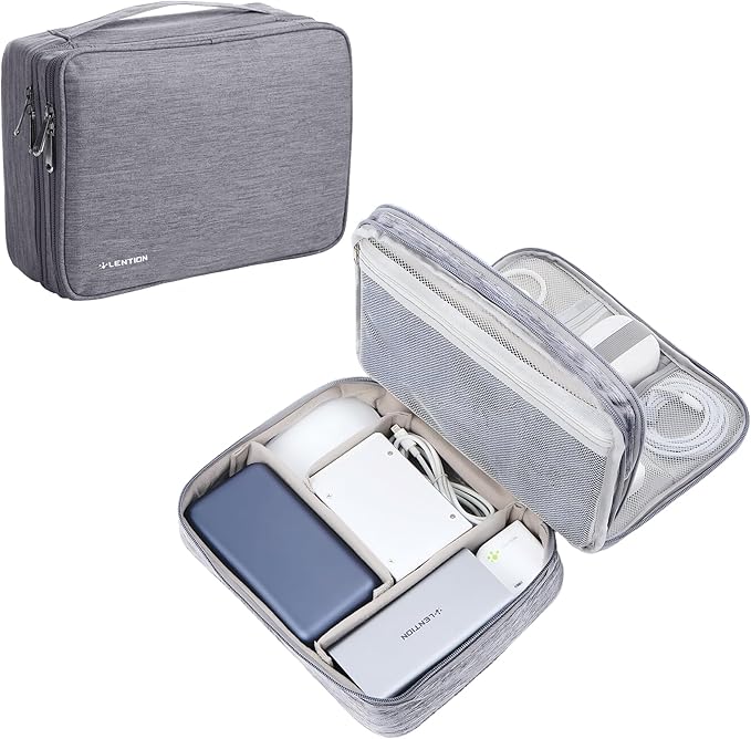 LENTION Waterproof Electronics Organizer Bag, Travel Storage Case with DIY Dividers for Cords, Charger, Power Bank, Earphones – Compact, Durable, Shockproof & Lightweight (Grey)