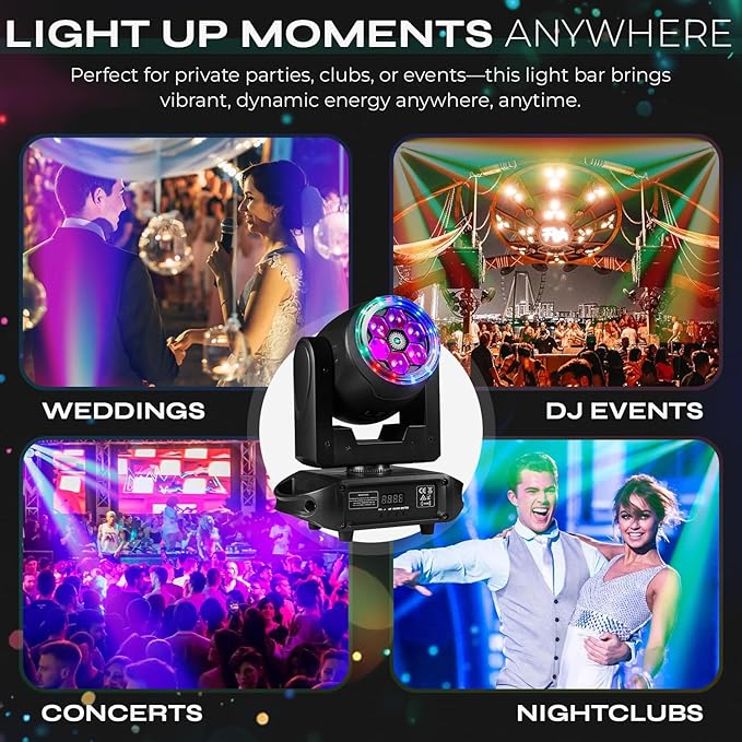 6×15W RGBW Bee-Eye Moving Head DJ Light – LED Ring & Starry Sky Effects, 540° Pan / 270° Tilt Stage Lighting with DMX512 Auto & Sound-Activated Modes for Parties, Clubs, Weddings