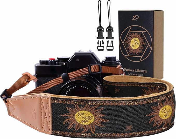 Padwa Lifestyle Sun God Camera Strap - 2" Full Grain Leather Ends, Vintage Sun Face Camera Straps for Photographers, Soft Chamois Velvet Padded Strap Quick Release fits All Cameras