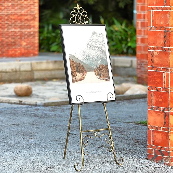 Vintage Metal Free Standing Adjustable Display Stand Easel with Chain Support, Extra Large Scroll Floor Standing Easel for Display Mirror Wedding Welcome Signs Picture Frame