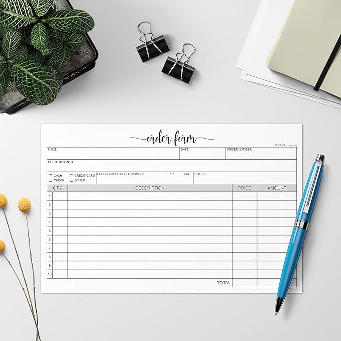 321Done Order Form Pad, 5.5x8.5 Landscape 2-Part Carbonless, Made in USA, Carbon Copy Purchase Sales Receipt Book for Small Business Invoice (50 Sets) White/Yellow, Premium Paper
