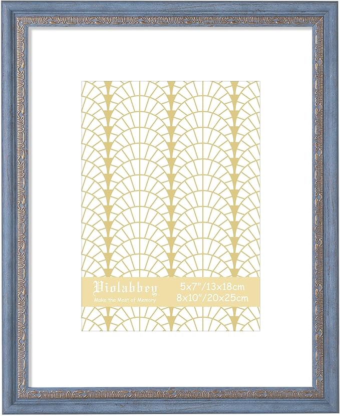 VIOLABBEY 8x10 Picture Frame Blue Gold, Display 5x7 Photo with Mat or 8x10 without Mat, Ornate Vintage 8 x 10 Frame for Wall Decor or Tabletop Display, Blue Gold