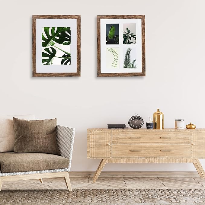 11x14 Picture Frame Set of 4, Made of Glass and Rustic Brown Wooden Frame, Display 8x10 Pictures with Mat or 11 x 14 Posters without Mat for Wall Mounting, Gallery Photo Frames