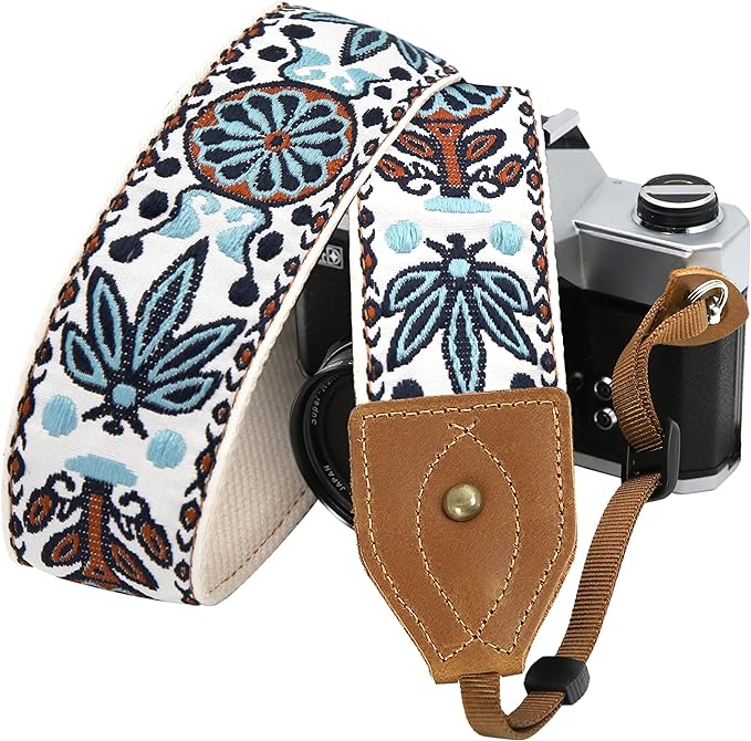 Padwa Lifestyle Camera Strap - 2" Wide Classic Vintage Crazy Horse Arts Cowhide Head Cotton Embroidered Universal Neck Shoulder & Crossbody Camera Straps for Photographers Gift and All DSLR Cameras