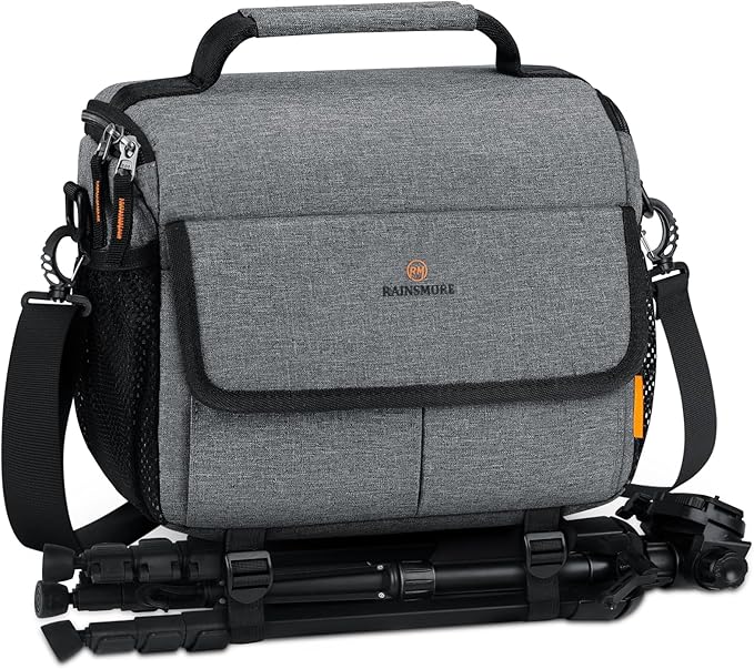 RAINSMORE Camera Bag for DSLR SLR Mirrorless Camera,Small Camera Sling Bag for Photographers Waterproof Camera Case with Tripod Holder Compact Camera Bag Crossbody with Rain Cover，Grey