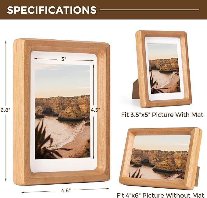 Dreamland 4x6 Matted to 3.5x5 Picture Frame Solid Cherry Wood Picture Frames Handcrafted Rounded Corner with HD Tempered Glass Tabletop or Wall Mount Display, 1 Pack