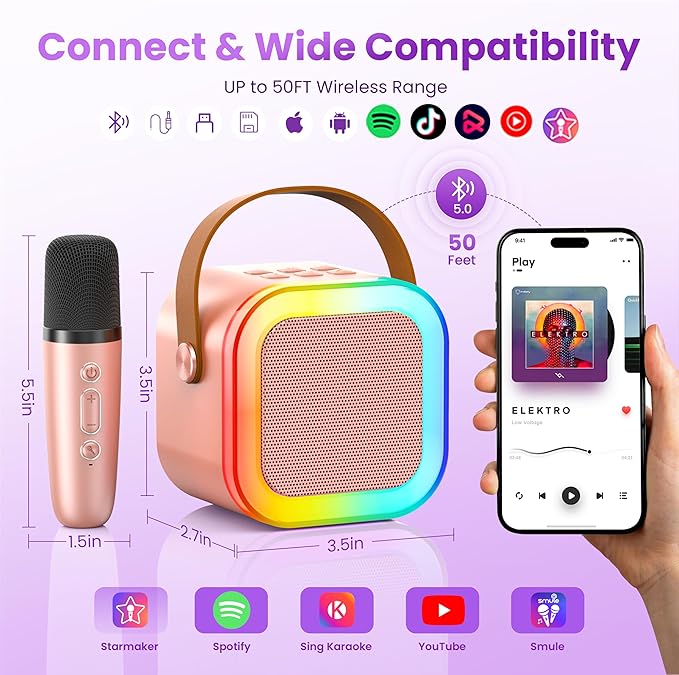 Mini Karaoke Machine for Kids Adults, 2026 TOP Birthday Gifts for Girls 3,4,5,6,7,8+Year Old Toddler Toys, Portable Bluetooth Speaker with 2 Wireless Karaoke Microphones Player Easter Gifts(Rose)