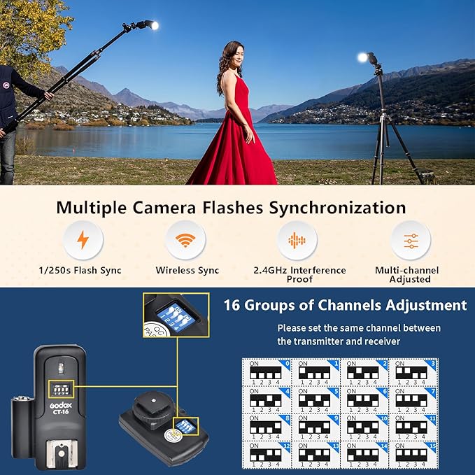 Godox CT-16 Wireless Flash Trigger with Receiver Kit,433MHz 3 in 1 Flash Transmitter and Receiver Compatible for Canon Nikon Pentax Olympus DSLR Camera Flash Speedlight Trigger,Studio Flash Lighting