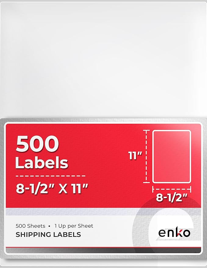 enKo 8-1/2 x 11 Inch Label - White Blank - 1 Per Sheet Full Shipping Address Labels for Laser Inkjet Printer (500 Sheets, 500 Labels)