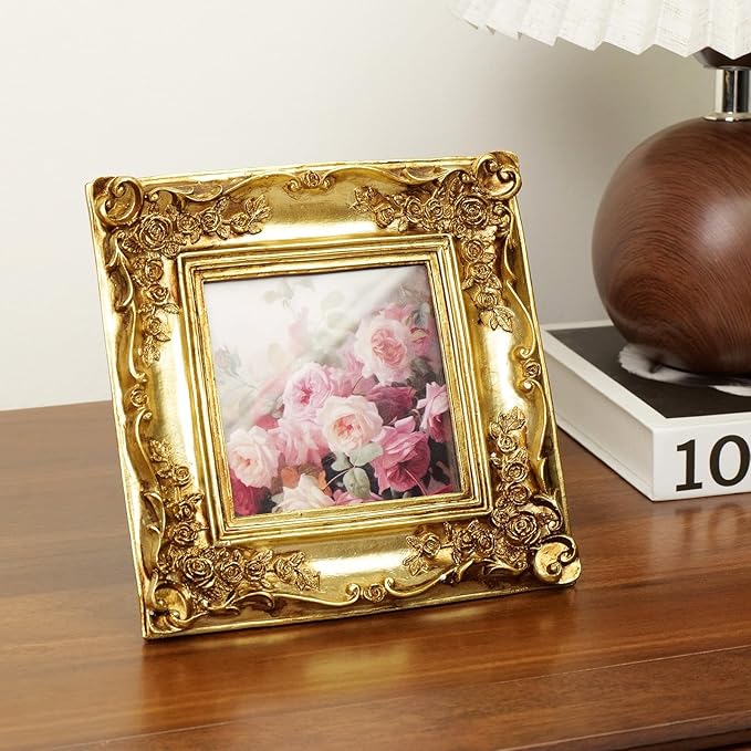 Cuspin Ornate Gold Picture Frame 4x4, Vintage Square Resin Photo Frame with Rose Floral Carvings, Glass Front, Tabletop Easel & Wall Mount (Horizontal/Vertical), Fits 4x4 Photo