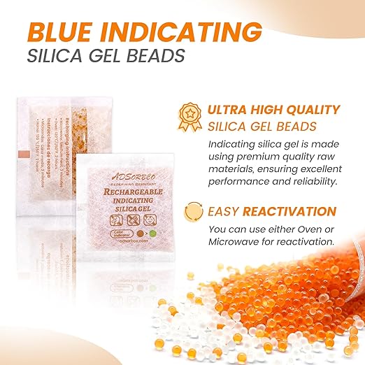 ADSorbco 5 Gram (200Pack) Silica Gel Packets - Desiccant Packs for Storage, Moisture Absorbers for Food, Rechargeable, Orange-to-Green & White Blend for Food Storage, Electronics, Jewelry, Safes