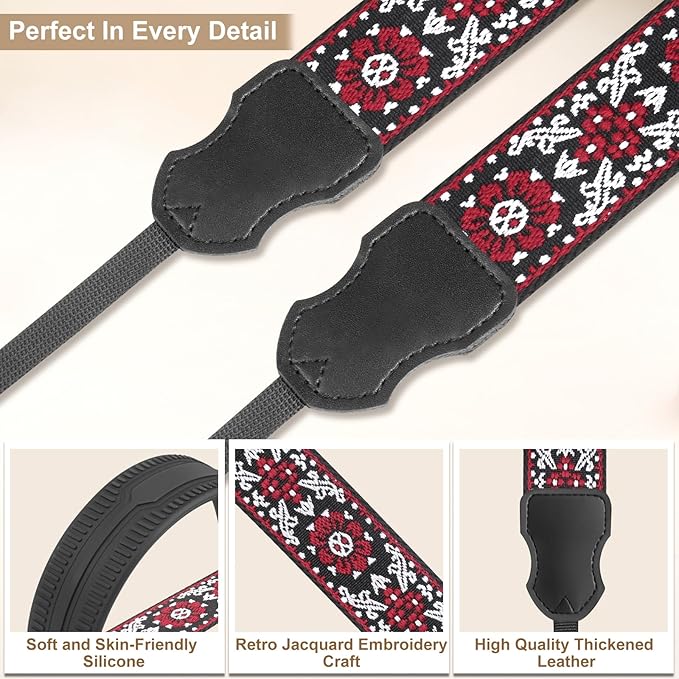 Neck Strap Silicone Camera Straps - Padded Camera Strap, 1.5" Wide Adjustable Nylon Shoulder Strap - Compatible with Canon, Nikon, Sony, and More DSLR and Mirrorless Cameras (Red Flower)