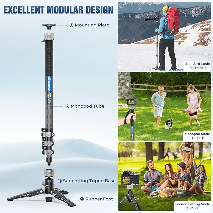 LEOFOTO Carbon Fiber Monopod with Pedal, 75.59" Portable Travel Monopod with Feet for Camera, Max Load 11.02LB/5KG, Compatible with Sony/Canon/Nikon/DSLR (MF-324CL)