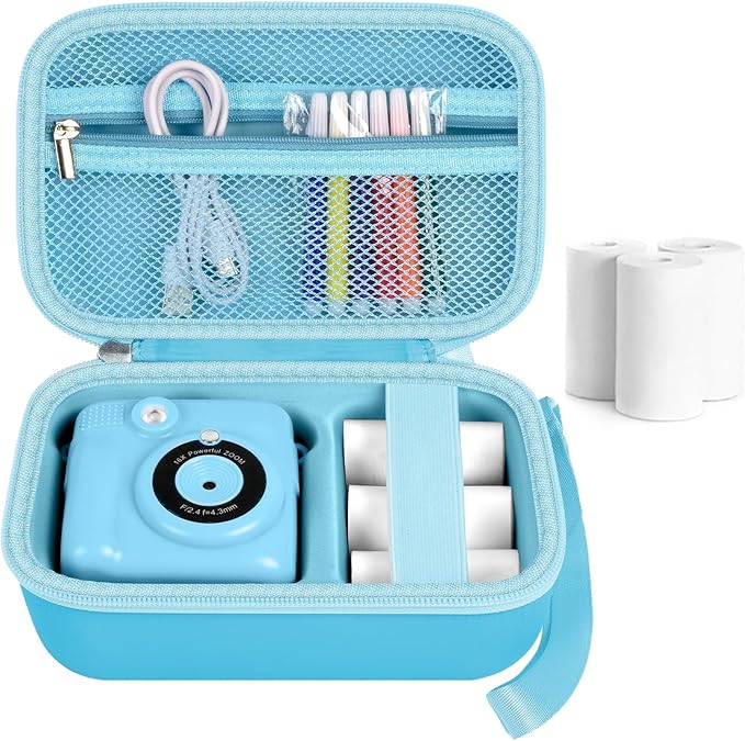 Kids Instant Print Camera Case for ESOXOFFORE Digital Video Cameras with 3 Rolls Paper Refill, Toddler Film Camera Storage Holder Bag with Mesh Pocket for Thermal Paper Accessories (Box Only)- Blue