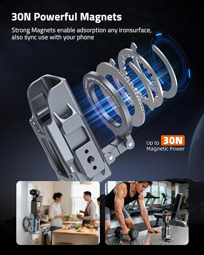 Magnetic Mount Stand Compatible with DJI Osmo Pocket 3,Magnet Suction Case Holder,Protective Cage,Pocket 3 Accessories Handle Grip with Cold Shoe Mount for Vlog,Gym,Travel,Any Metal Surface