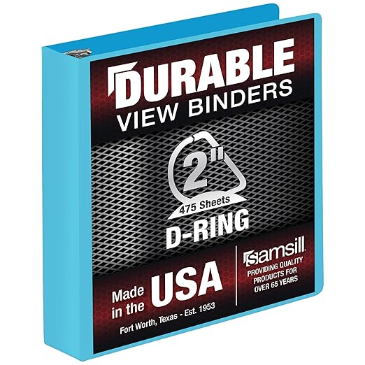 Samsill Durable 2 Inch Binder, Made in The USA, D Ring Binder, Customizable Clear View Cover, Sky Blue, Holds 475 Pages