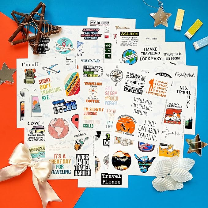 BulbaCraft 100Pcs Funny Travel Stickers, Scrapbook Stickers Travel, Travelers Notebook Accessories, Funny Travel Laptop Decals, Gifts for Women & Men