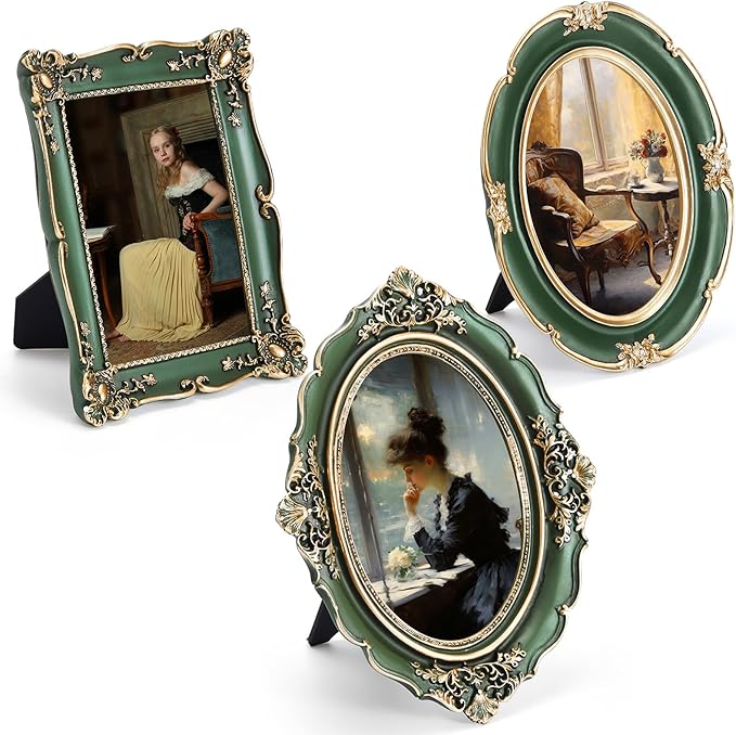 3 Pcs Green Vintage Picture Frame Set Antique Oval Picture Frames 4x6, 5x7 Inch Baroque Photo Ornate Frames with Glass Gift for Tabletop Hanging Wall Art Wedding Home(Antique Style)
