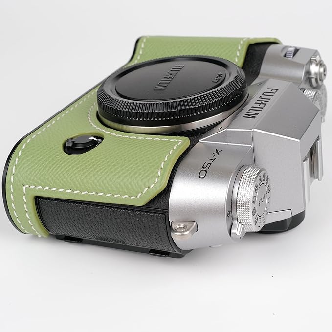 Handmade Genuine Leather Camera Half Case for Fujifilm X-T50/Fujifilm X-T50 Camera Case/Fujifilm X-T50 Case - Top Layer Cowhide Body + Metal Base Plate (Vert Criquet)
