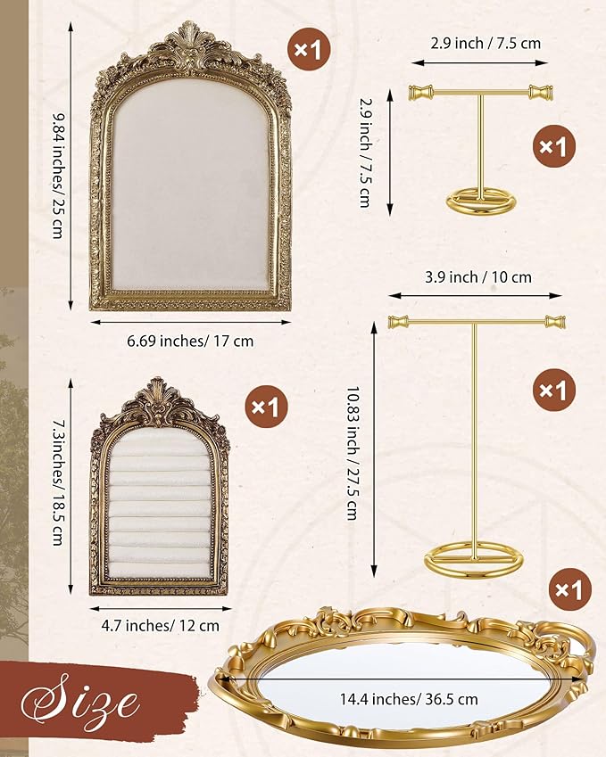 Gold Vintage Jewelry Display Set Velvet Jewelry Frame Ring Holder Earring Bracelet Stands Necklace Organizer Mirror Tray Photo Props for Women Gifts Selling Wedding Decor(5 Pcs,Ornate)