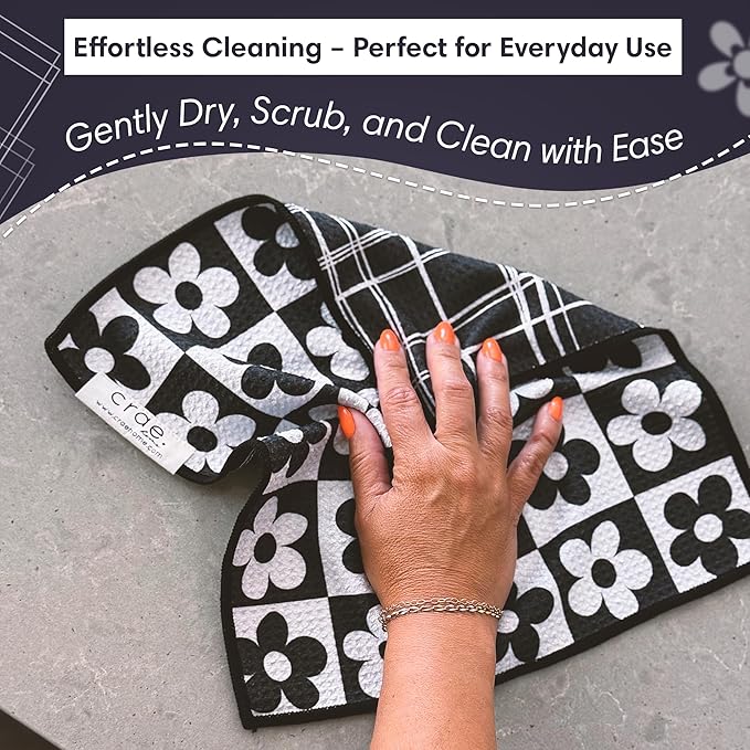 crae. Reversible Microfiber Washcloths 12x12 – Super Absorbent, Quick Drying Waffle Weave – Lint-Free, Scratch-Free Cleaning Cloths for Kitchen, Home, Cars & Windows (8 Track- Black/White)