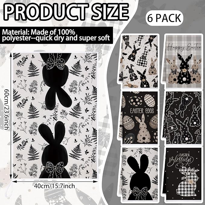 Preboun 6 Pcs Easter Eggs Kitchen Towels Retro Bunny Dish Hand Towels Black White Plaid Easter Themed Dish Cloth House Decorative Farmhouse Tea Cloth Absorbent for Home Kitchen Bathroom Decor