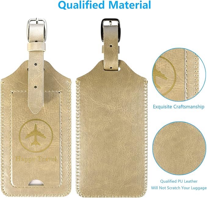 ACdream Luggage Tags 2 Pack, Leather Suitcase Tags Identifiers, Cute Cruise ID Labels with Privacy Cover fits on Backpack, Travel Bag, for Women, Men, Adults, Kids, Gold