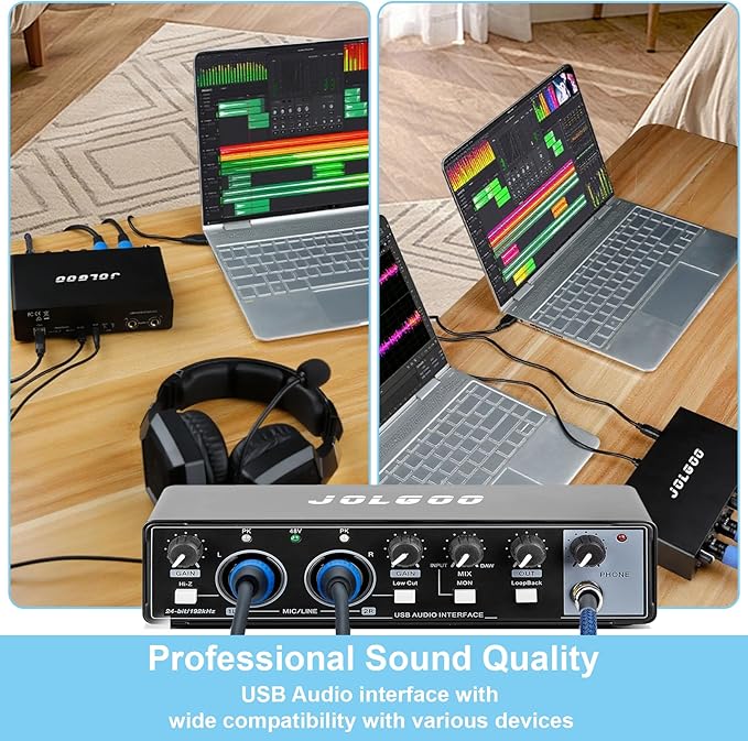 USB Audio Interface for Recording Music, 24-Bit/192kHz, Plug and Play Audio Interface for PC, Mac, and Smartphone – Low Latency, XLR/Line In, Headphone Out