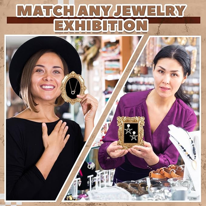 4 Pcs Mini Vintage Jewelry Display Stand Baroque Gold Picture Frame Necklace Earrings Holder Jewelry Photography Props Organizer with Velvet Backing Antique Decor for Wedding Women Gift