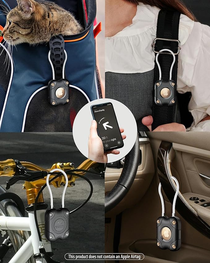 Airtag Holder with Wire Cable, Secure Lock Airtag Keychain,IPX7 Waterproof,360°Hard Protective Air Tag Case Holder for Apple Air tag for Key Chain,Key Ring,Car,Luggage