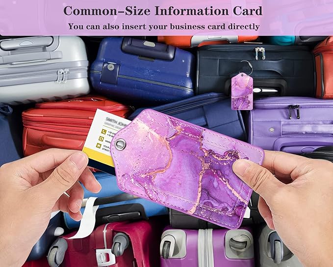 (Set of 2) Luggage Tag Leather Privacy Cover ID Label Address Card with Stainless Steel Loop, Travel Bag Tags Suitcase Labels,Purple Marble